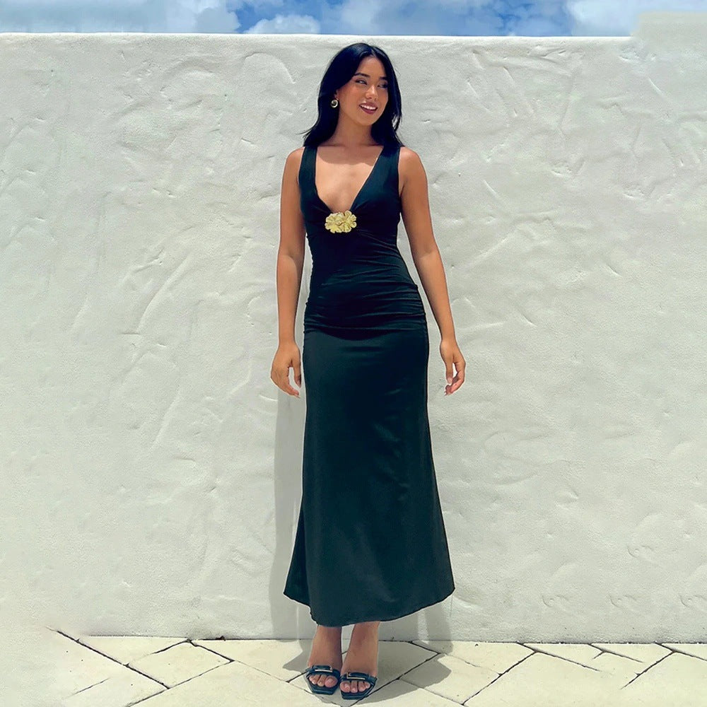 Spring Summer Solid Color Dress Sexy V neck Sheath Dress