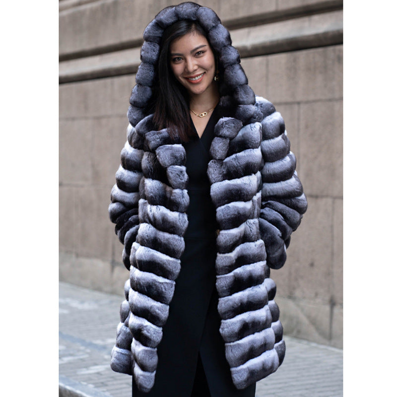 Women Fur Coat Winter Warm Artificial Mink Hair Marten Overcoats Casual Mid-Length Thick Hooded Fur Trench Coat