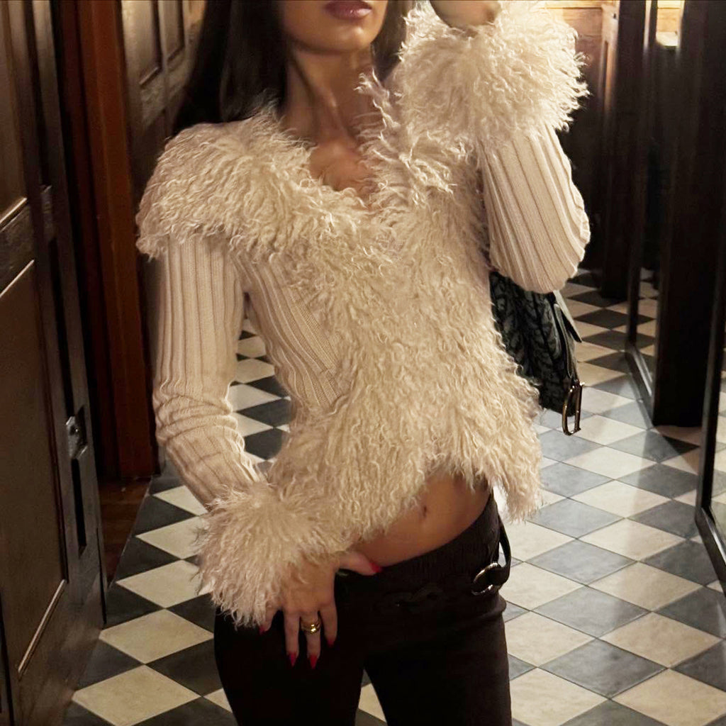 Elegant Classic Teddy Plush Knitted Cardigan Women Slim Fit Slimming Fashionable Sunken Stripe Coat