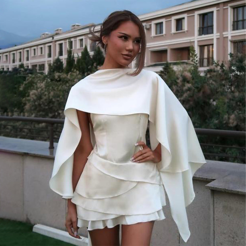 Satin Shawl Sling Dress Solid Color Sleeveless Flounce Peplum Hip Wrapped Dress