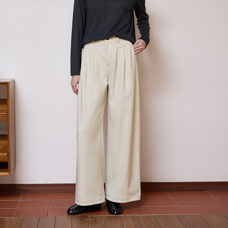 Autumn Winter Wool Straight Leg Pants Women High Waist Pleated Crisp Embellished Wide Leg Pants All Matching Slimming Warm Trousers