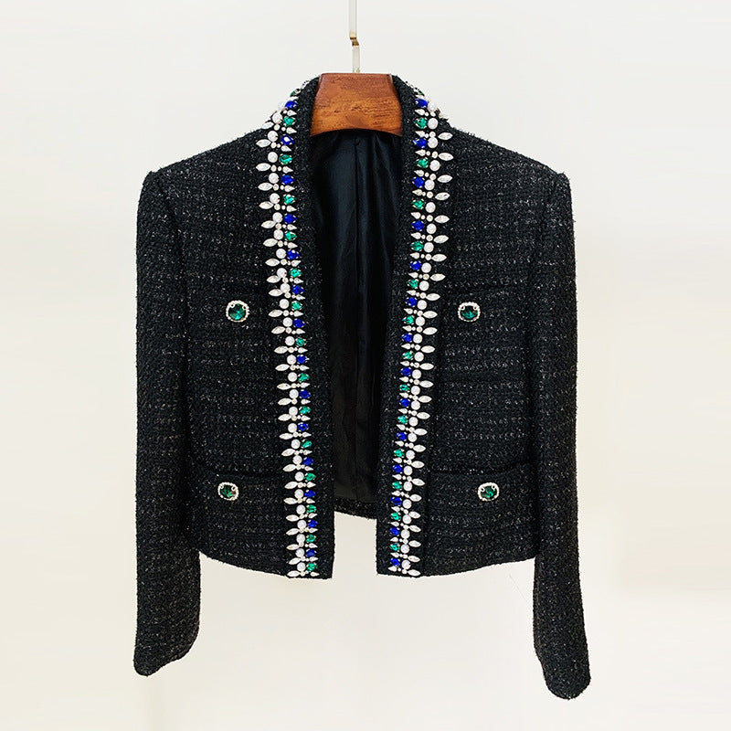 Goods Stars Exquisite Rhinestone Beaded Green Fruit Collar Short Woolen Jacket Coat