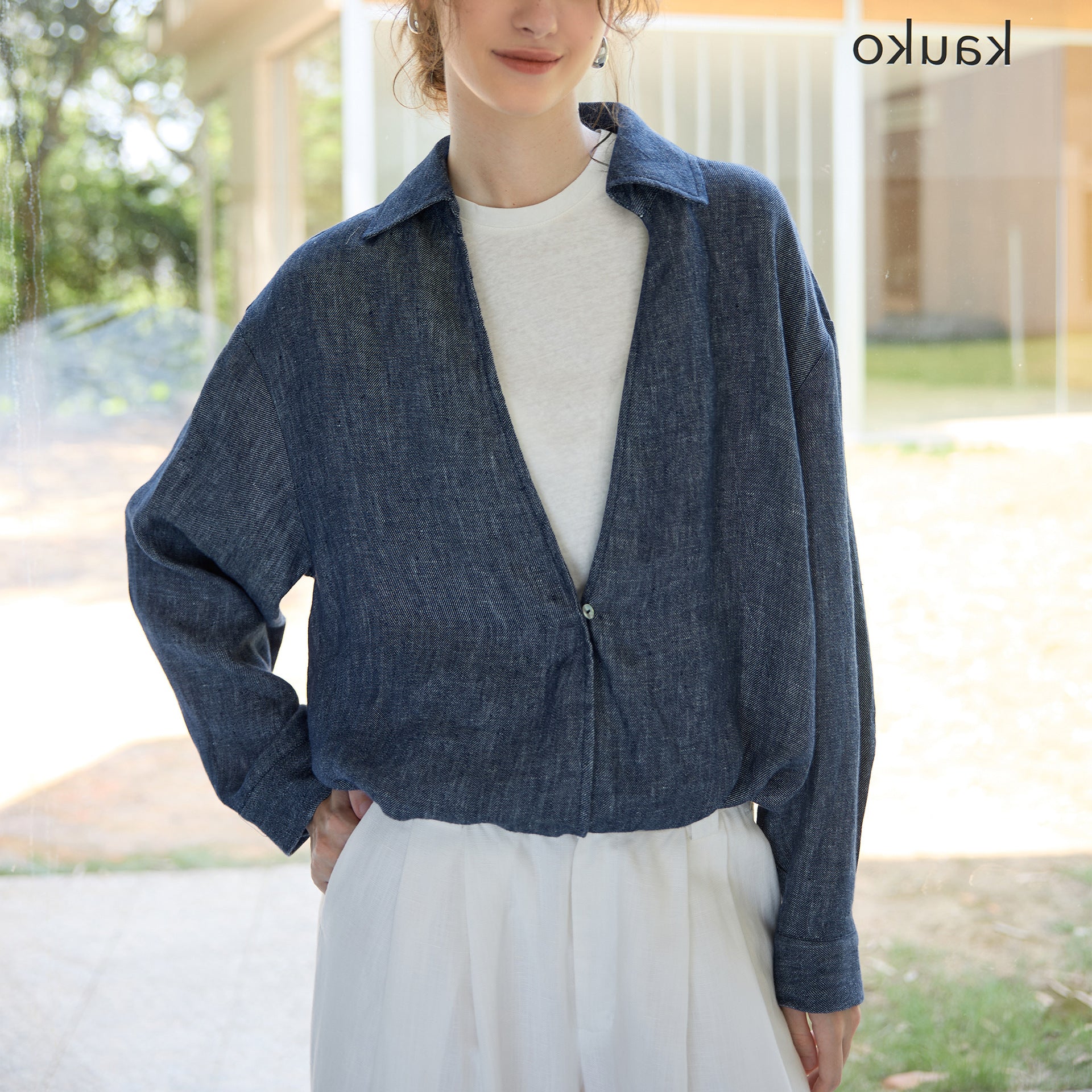 Faux Two Piece Linen Yarn Dyed Women Top Autumn Winter Deep V Plunge Collared Shirt White Vest Stitching