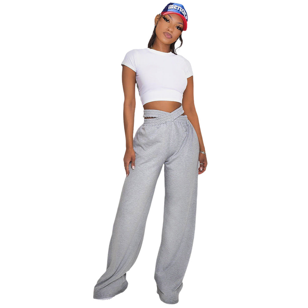 Women Clothing Nightclub Uniforms Solid Color Double-Layer Waistband Sports Casual Wide-Leg Pants