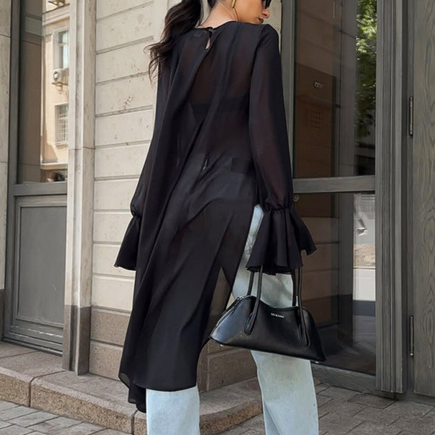 Chiffon Shirt Women Black Mesh Irregular Asymmetric Niche Design round Neck Ruffle Sleeve Long Sleeve Top