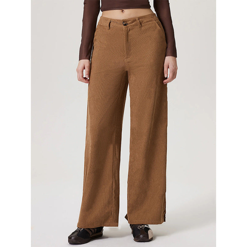 Women Clothing Retro Straight Wide Leg Corduroy Trousers