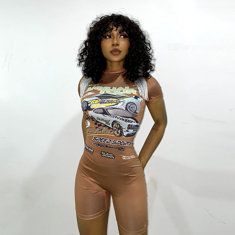 Women Clothing Summer Digital Printed Sexy Skinny Hip Raise Tassel Shorts Jumpsuit for Women