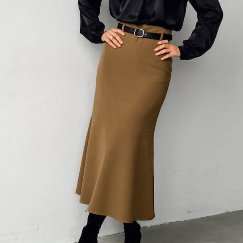 Brown Slim High Waist Fishtail Skirt Autumn Fashionable Elegant High Grade Women Dress No Belt