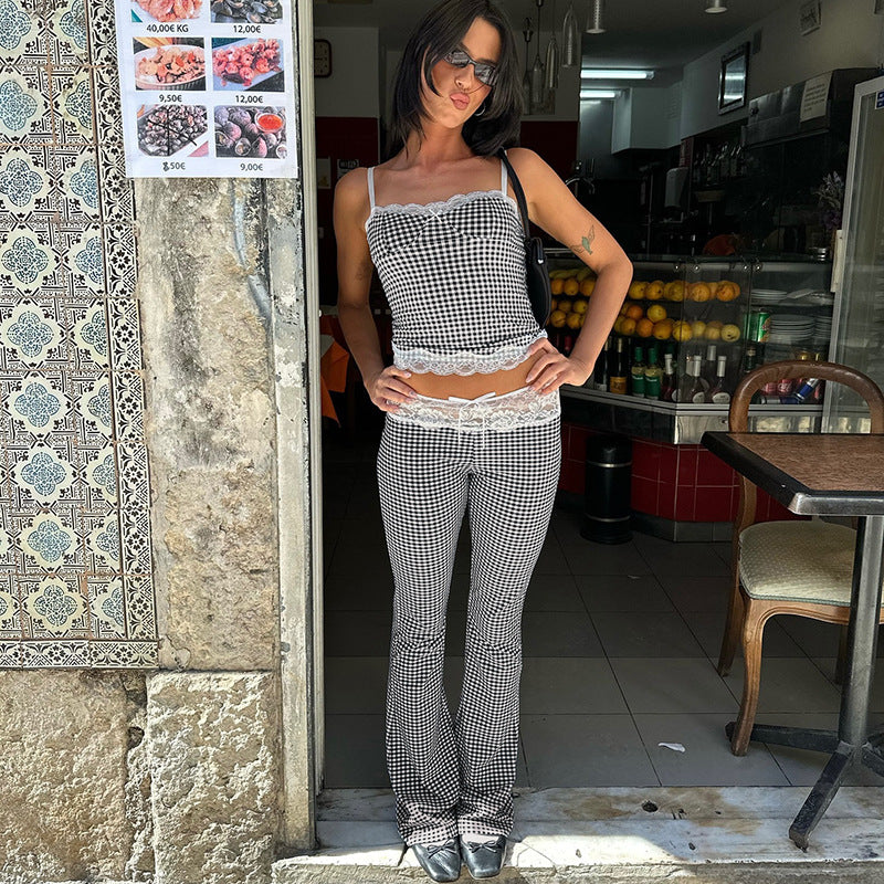 Spring Summer Women Clothing Plaid Stitching Lace Sling Bell Bottom Pants Street Two Piece Set