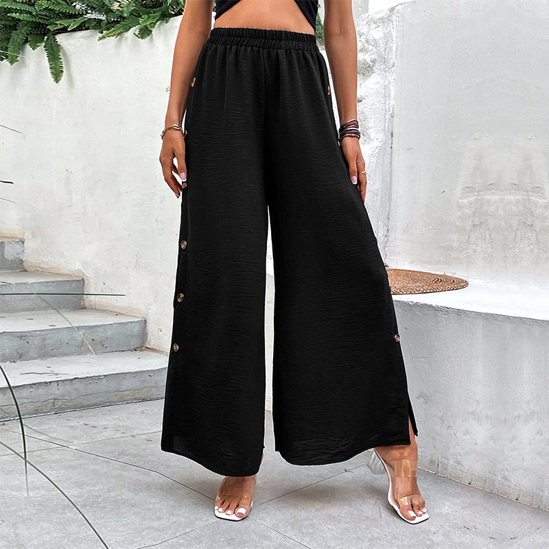 Simple High Waist Button Slit Black Wide Leg Pants Women Summer Loose