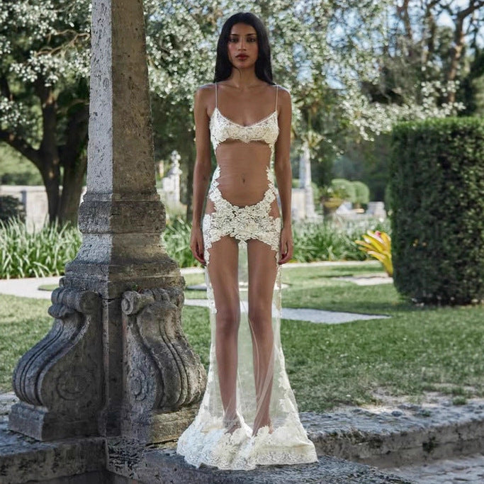 Summer Women Mesh Lace Lace Spaghetti Strap Dress See through Sexy Nightdress Vacation Maxi Dress