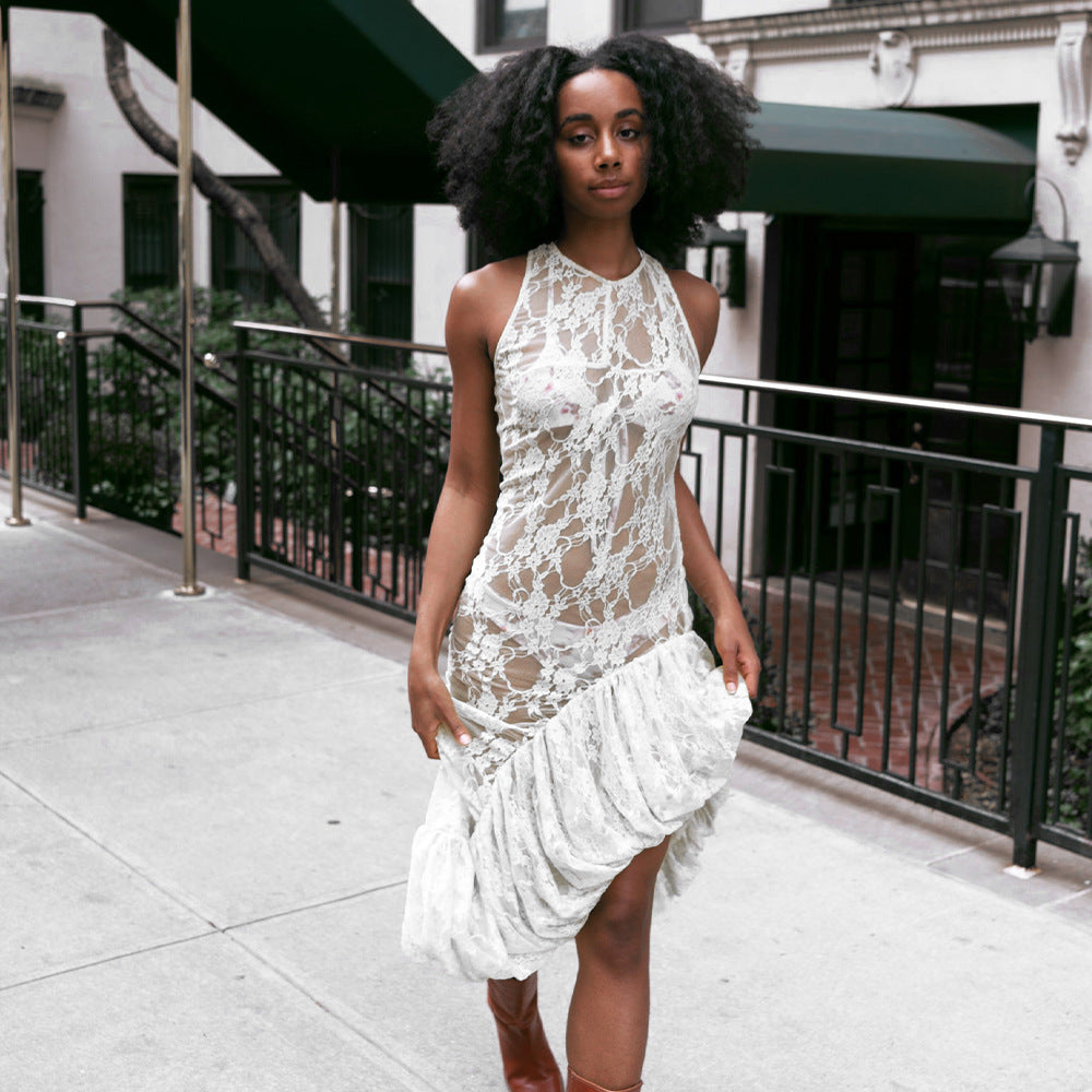Sleeveless round Neck Dress Summer Sexy Lace See through Irregular Asymmetric Maxi Dress Women