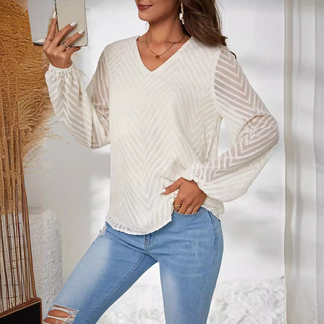 Spring Autumn Women Clothing Fall Winter V neck Geometric Abstract Jacquard Lantern Long Sleeve Shirt Top