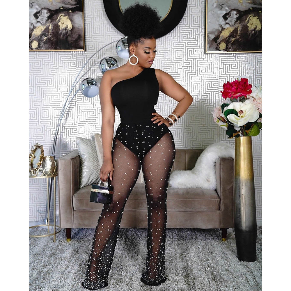 Summer Office Mesh White Dot Printed Vest Jumpsuit Sleeveless Solid Color Milk Silk Black Women Clothing