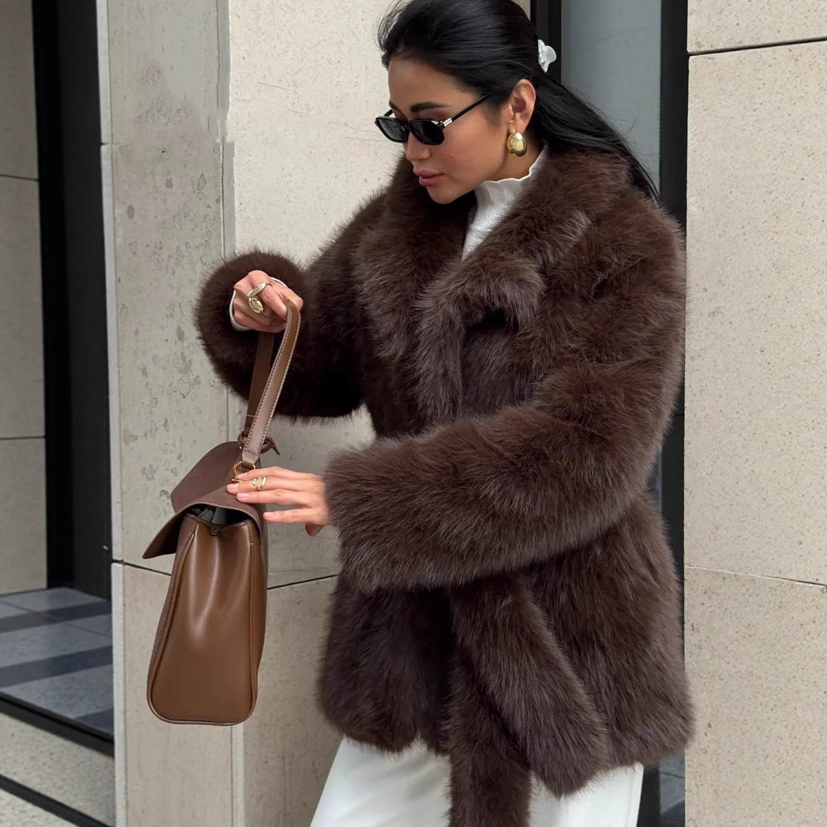 Winter Thickened Faux Fur Coat Women Mid Length Belt Fox Fur Overcoat Collar Plush Women Clothing