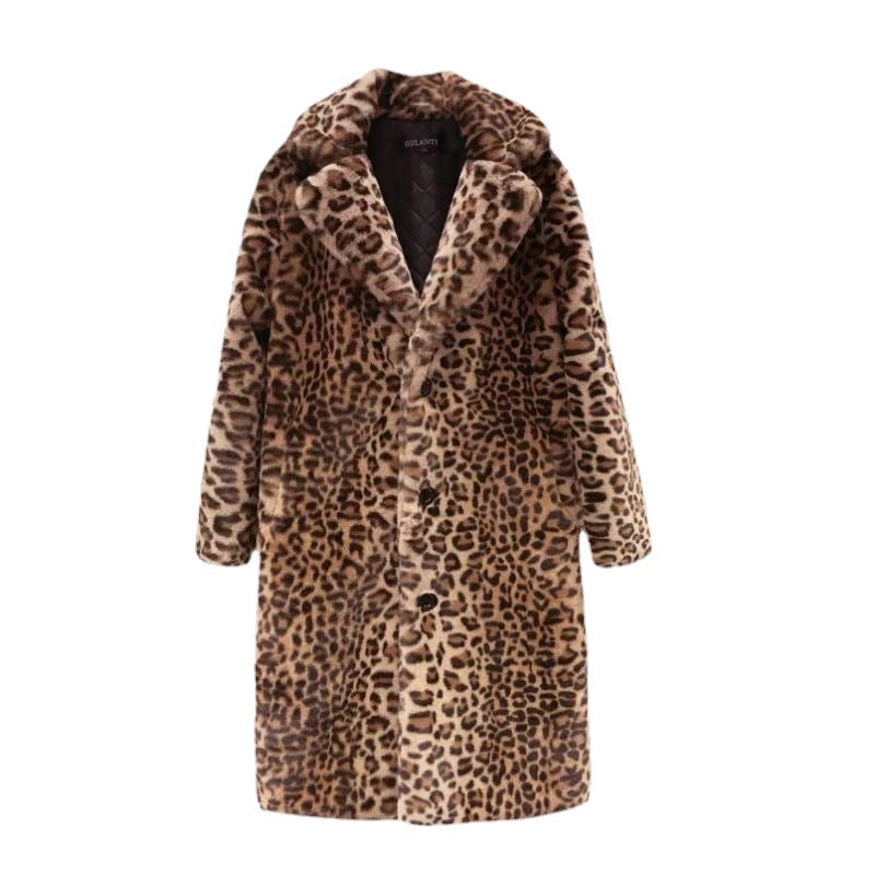 Leopard Print Coat for Women Winter Slim Fit Slimming Faux Fur Leopard Print Long Warm Thickened Plush Coat