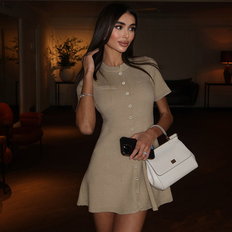 Women Clothing Solid Color Classic Knitted Dress round Neck Single Breasted Short Sleeve Waist A line