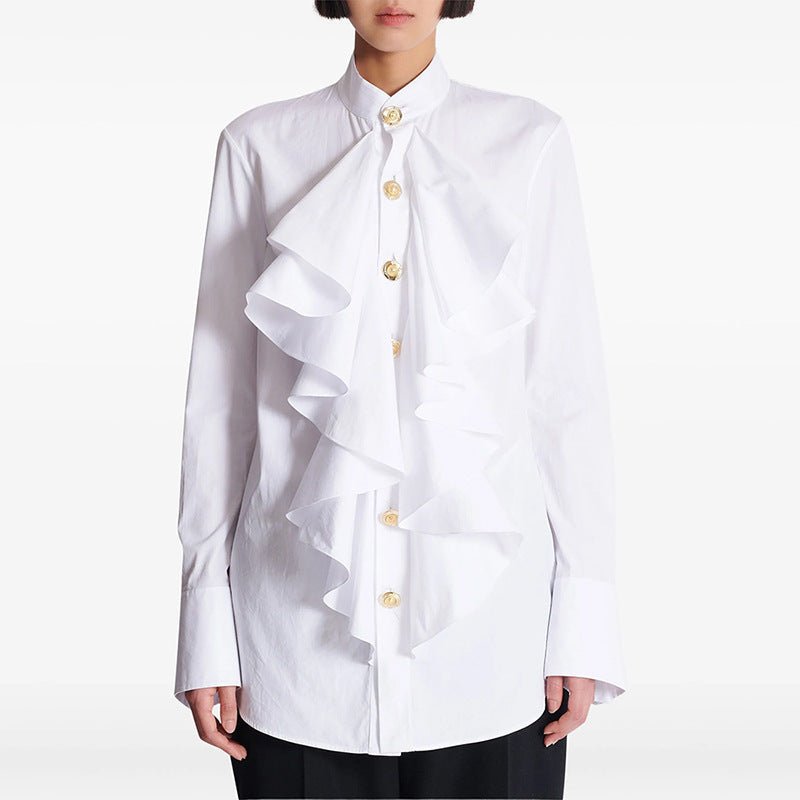 Slim Ruffle Ruffle All Match White Long Sleeve Shirt