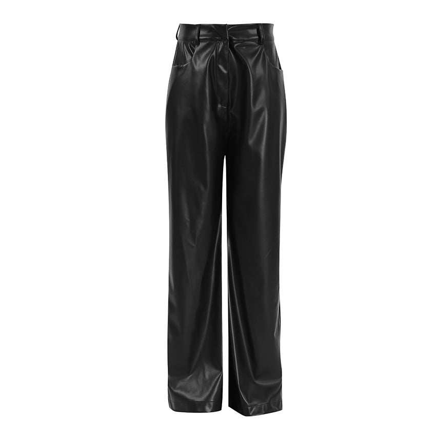 Fall French Vintage Fleece Lined Matte Leather Slim Fit Elegant Black High Waist Loose Office All Matching Trousers for Women