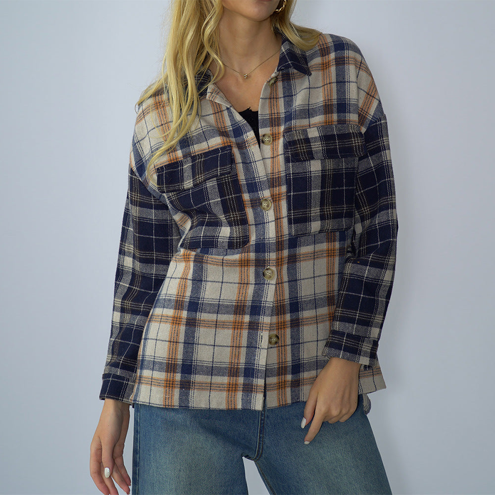 Women Clothing Spring Autumn Loose Stitching Off Shoulder Plaid Long Sleeve Single Breasted T Shirt Sweater Women