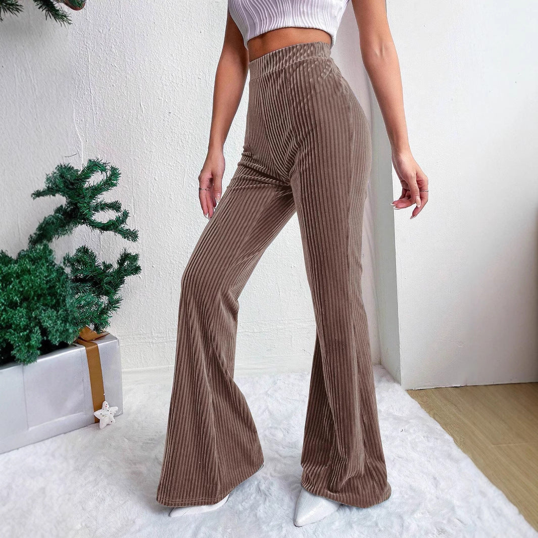 Autumn Winter High Waist Lamp Wick Corduroy Bell Bottom Pants Solid Color Casual Wide Leg Long Sports Pants Women