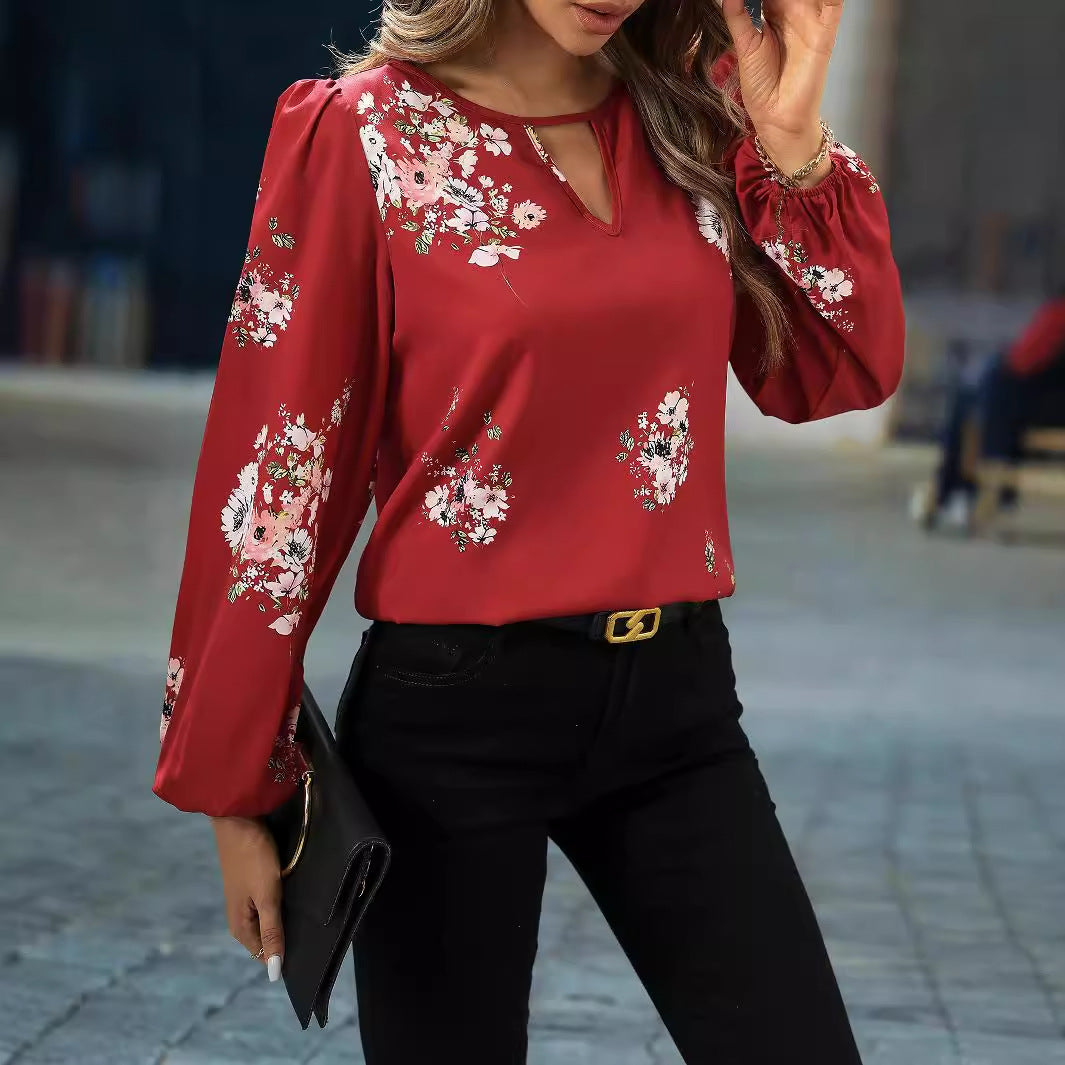 Women Clothing Best Seller Elegant Spring Autumn Lantern Sleeve Printing Long Sleeve Women Shirt