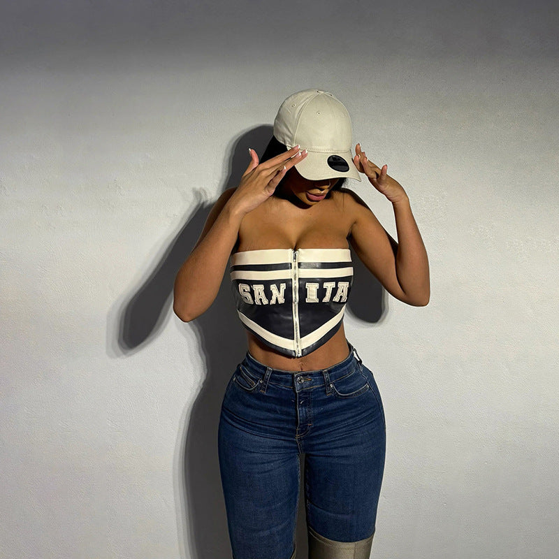 Spring Women Clothing Sexy Cropped Print Zipper Slim Tube Top Faux Leather Top Women