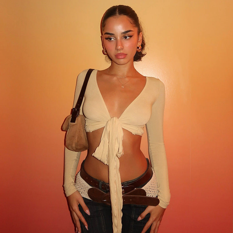 Spring Summer Women Shawl Cropped Lace up Sexy V neck Outerwear Long Sleeved Tops