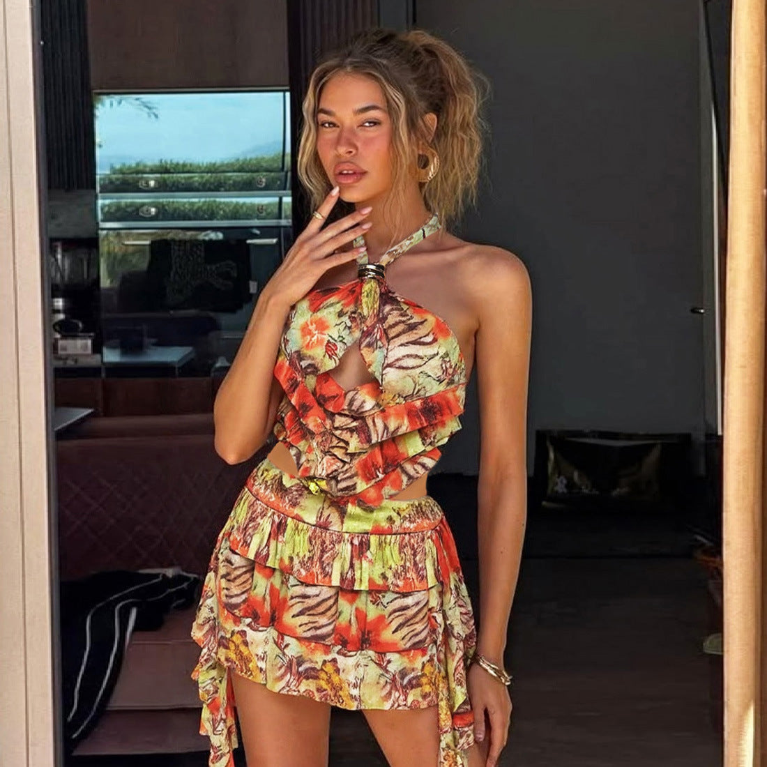 Summer Women Clothing Sexy Halter Lace up Backless Short Printing Dress