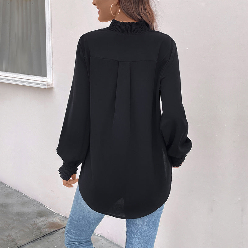 Spring Women V neck Solid Color Long Sleeve Shirt