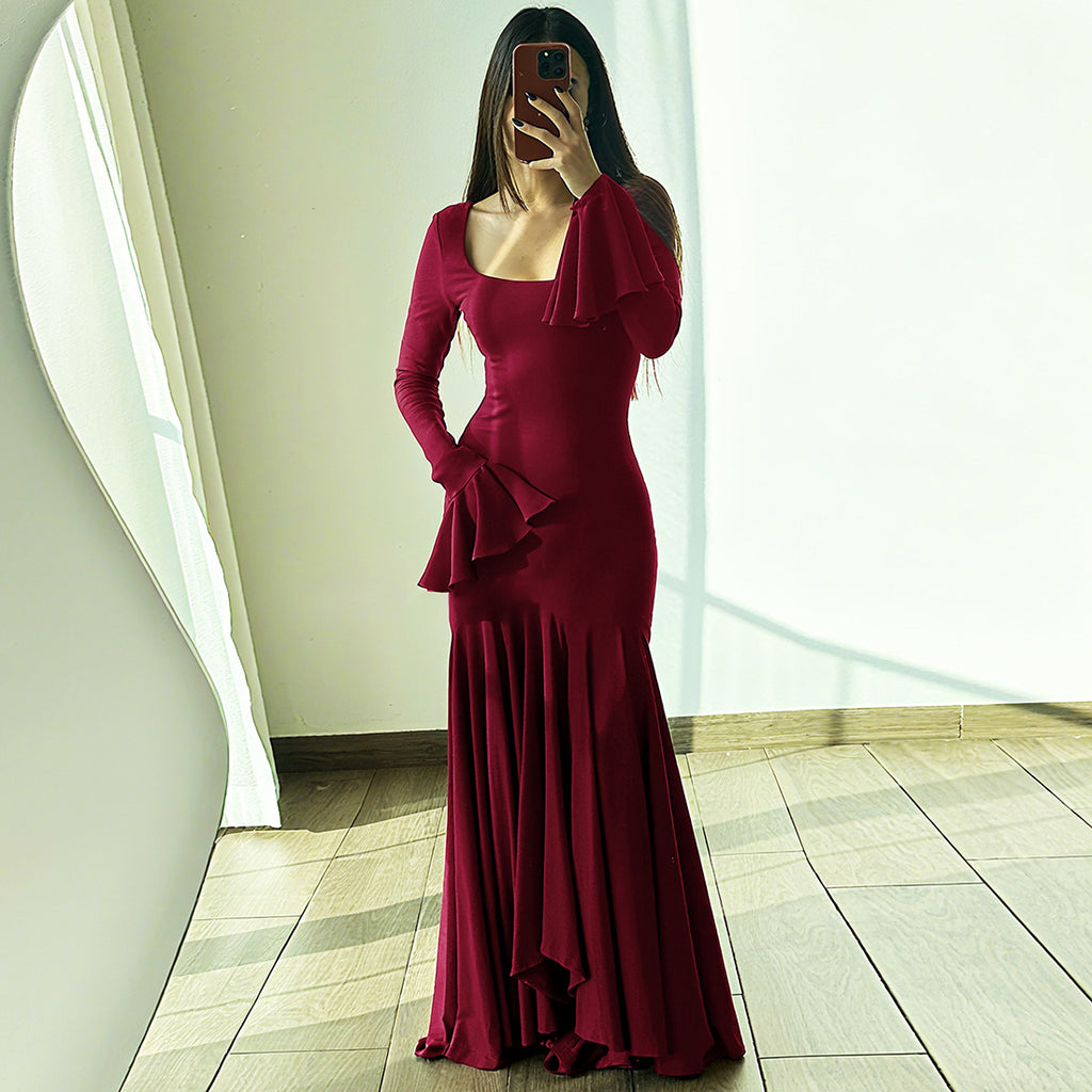 Autumn Winter Women Clothing Sexy U Collar Slim Slimming Solid Color Bell Sleeve Dress for Women