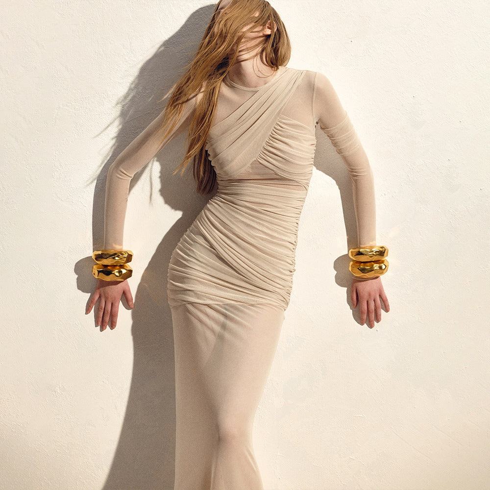 Sexy Mesh See through Maxi Dress Long Sleeve Sexy Pleated Slim Fit Dress