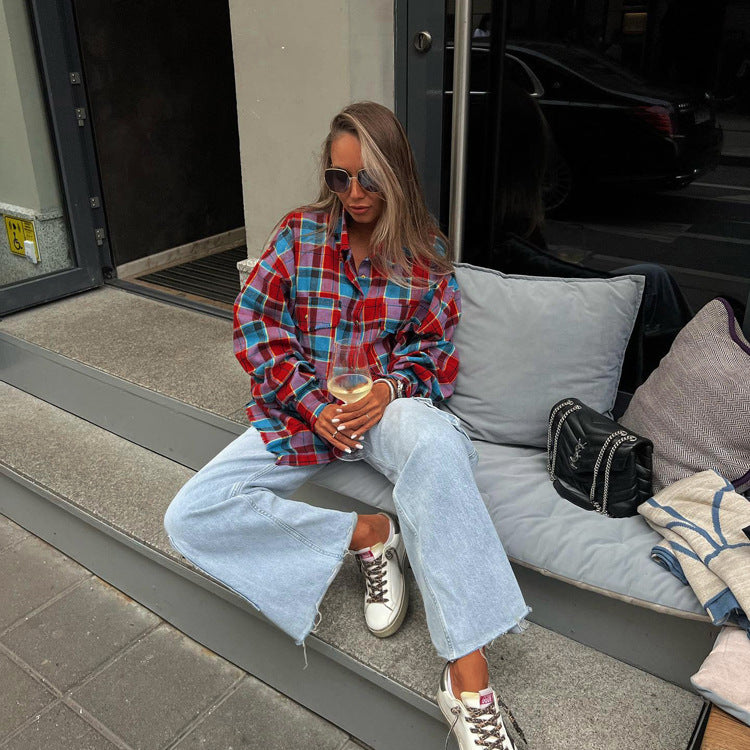 Fall Collared Long Sleeve Top Women Retro Loose Single Row Multi Buckle Plaid Shirt Women