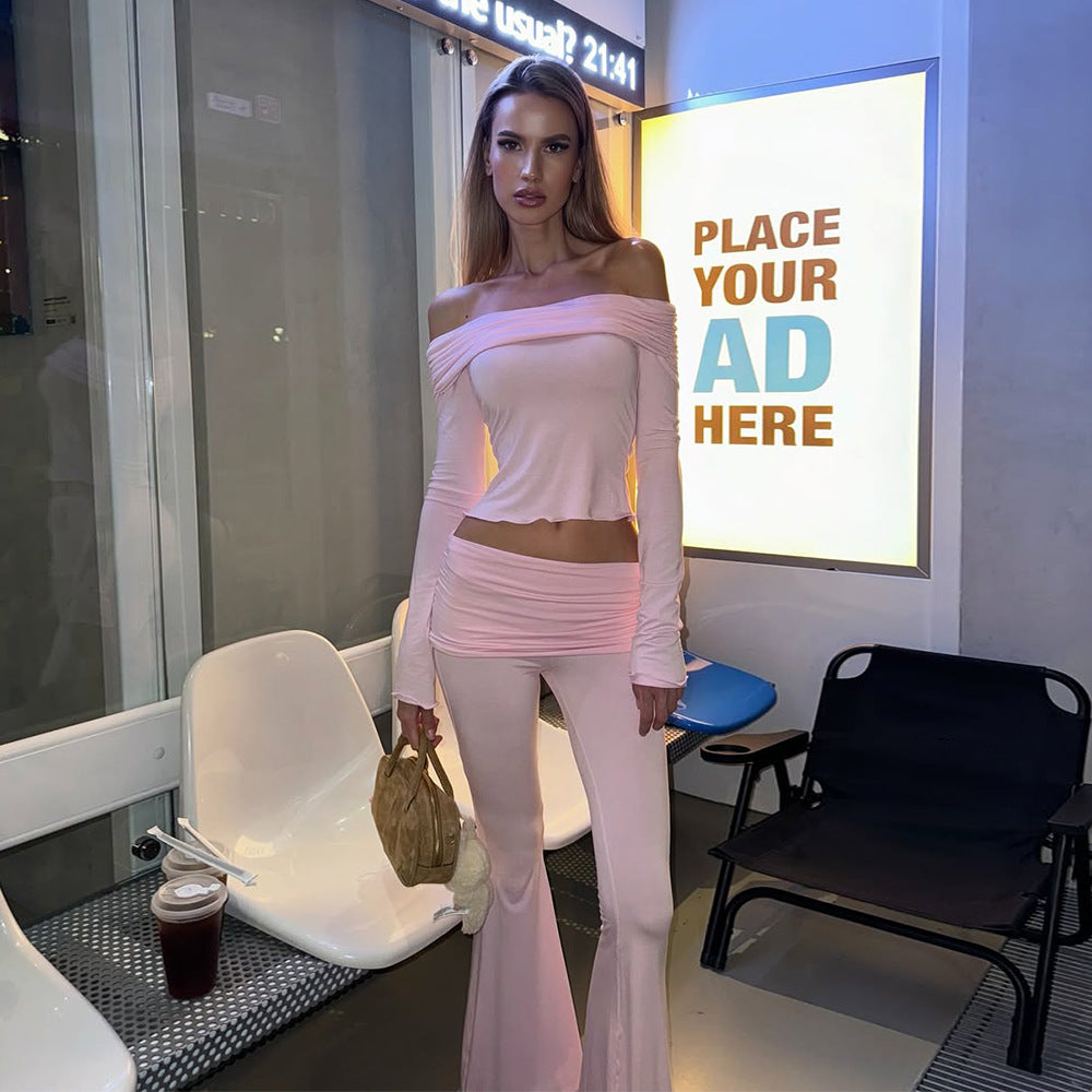 Arrival Ladies Two Piece Set Sexy Waist Trimming Small Top Slim Hip Bag Bootcut Pants Two Piece Sets