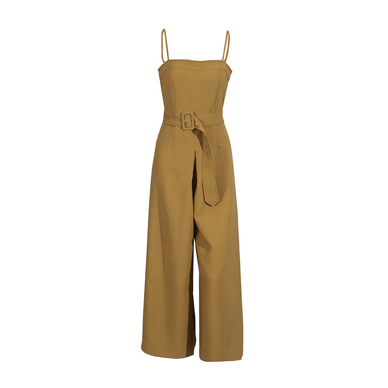 Casual Jumpsuit Women Autumn Solid Color Belt Slim Suspenders Straight Trousers