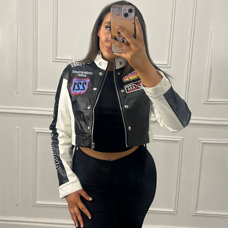 Autumn Winter Women Clothing Sexy Cropped Vintage Floral Print Long Sleeves Varsity Jacket