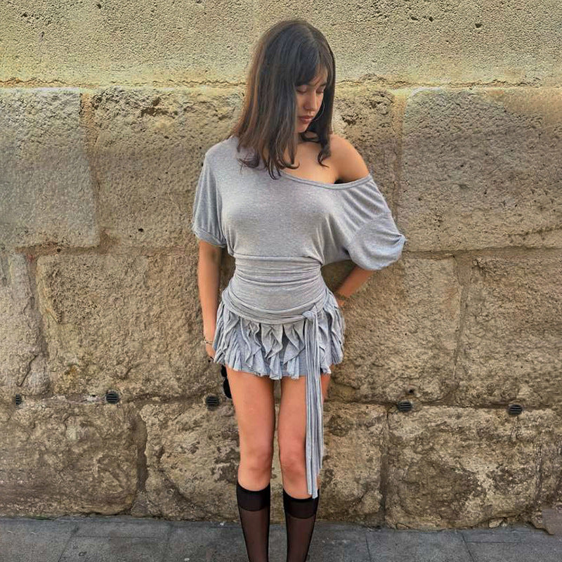 Summer Women Clothing Solid Color Personalized Bandage Diagonal Collar Slim Sexy Package Hip Short Sleeve Dress