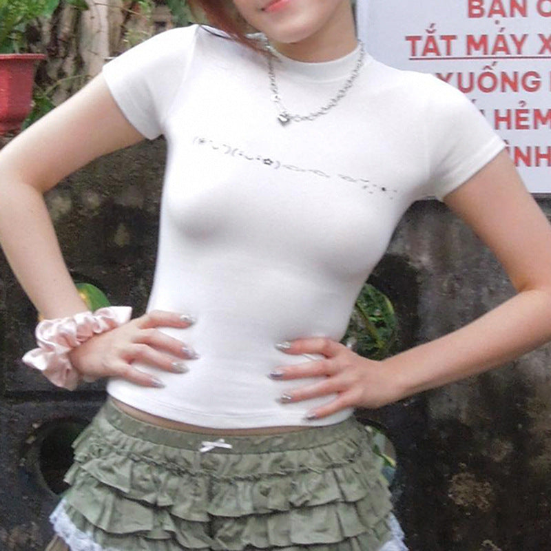 Summer Cute Emoji Printed Shoulder Short Sleeve T shirt Sexy Women Slimming Slim Fit Crop Top