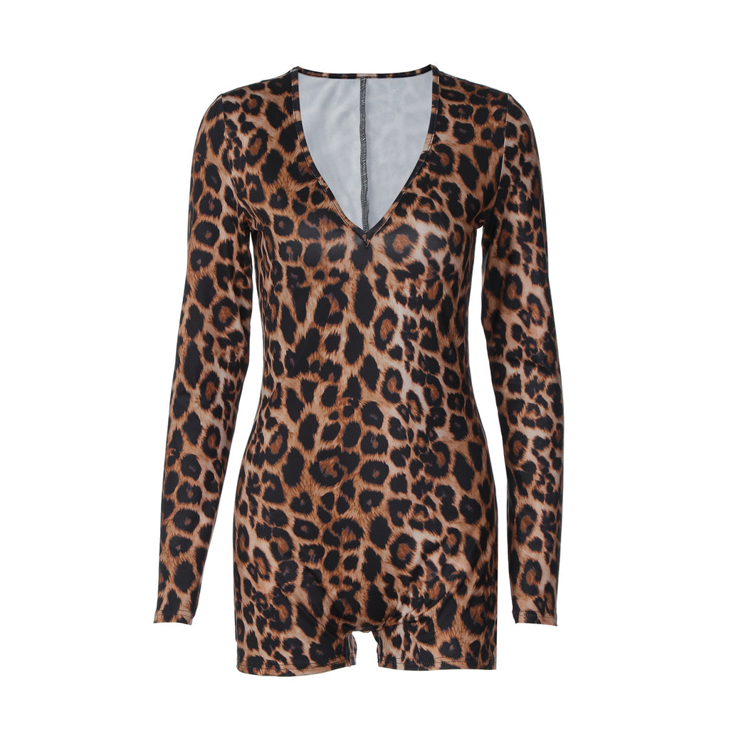 Women Clothing Autumn Winter Leopard Print V neck Long Sleeve Sexy Tight Jumpsuit Women