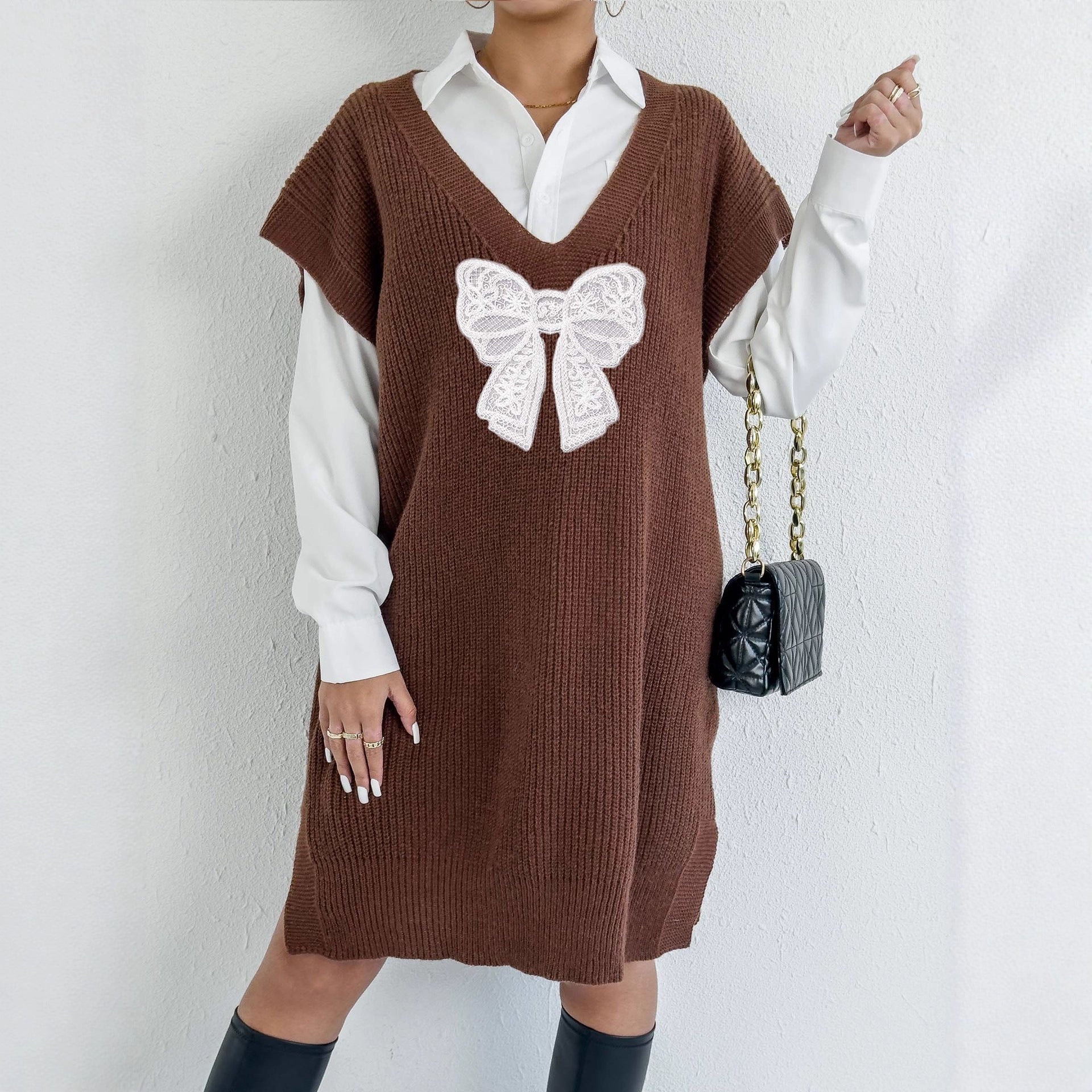 Autumn Winter Women Woolen Loose Large Vest Deep V Plunge Embroidered Butterfly Stitching Vest (Excluding Belt)