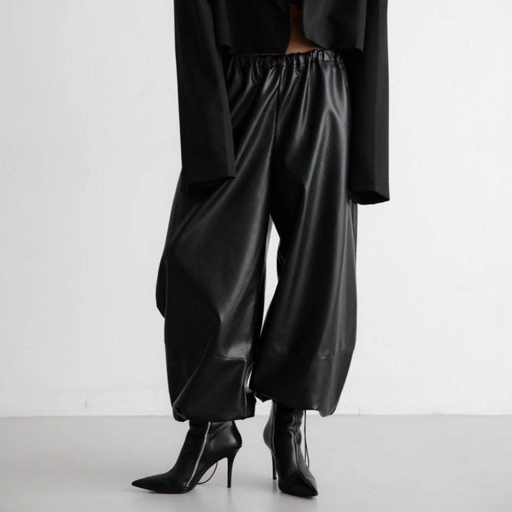 Leather Pants Women Autumn Winter Drawstring Ankle Tied Bloomers Loose Leather Pants Faux Leather Trousers for Women