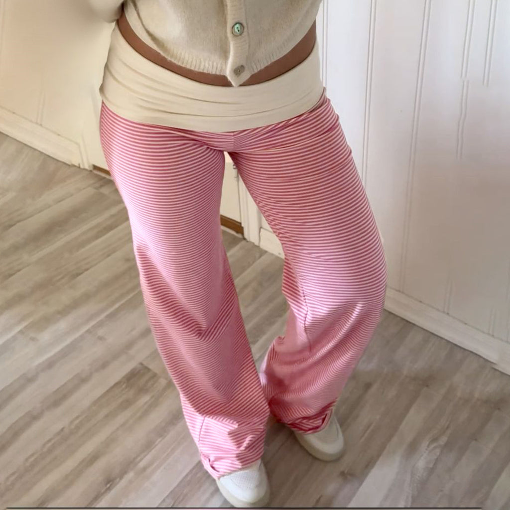 Women Clothing Casual Pajamas Trousers Turn Waist Contrast Color Stripes Knitted Trousers All Match Smooth Straight Leg Trousers