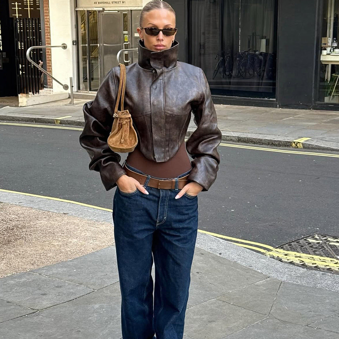 Manteau court en similicuir pour femme, coupe ajustée, col montant, couleur unie, fermeture éclair, automne-hiver