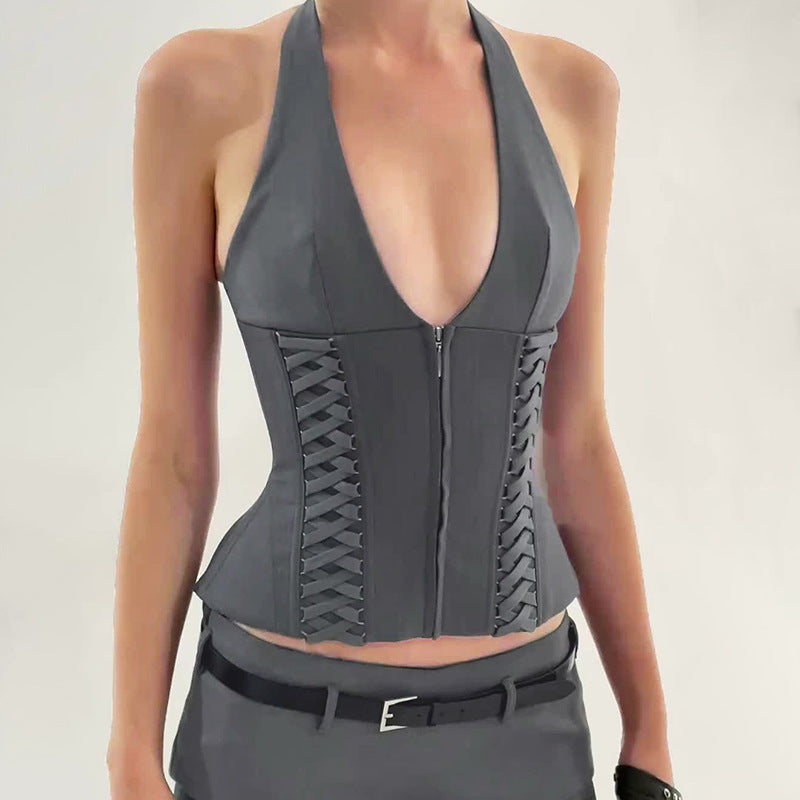 Urban Cotton Blend Halter Deep V Plunge Zipper Vest Shorts Set Strap Bra Two Piece Sets