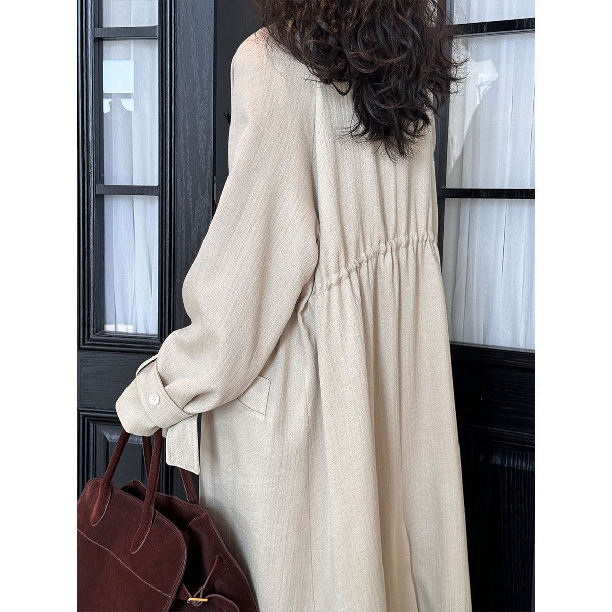 Chinese National below the Knee Trench Coat Women Mid Length Spring Drawstring Cotton Linen Coat