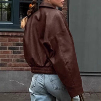 Women Clothing Spring Autumn Coat Bomber Jacket Retro Old Money Leather Jacket
