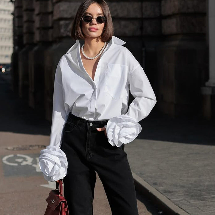 Design Stitching Floral Long Sleeve Women Shirt Cotton Collared Office White Shirt Cardigan Top