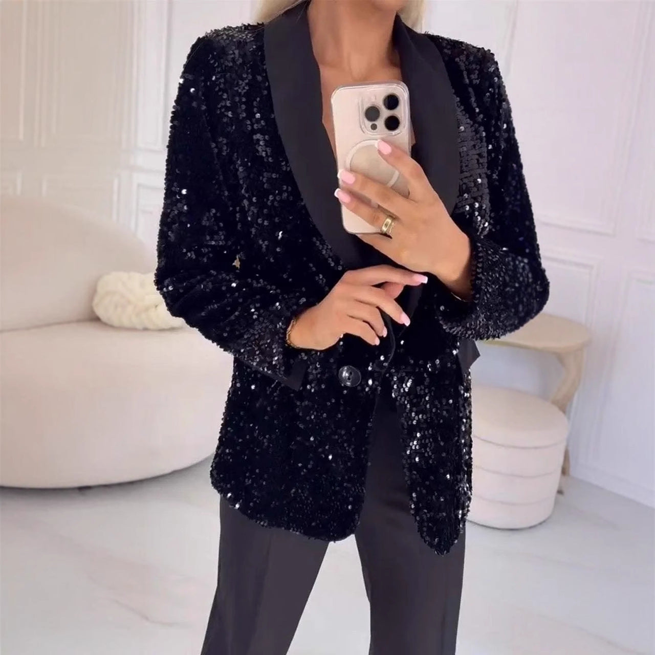 Autumn Winter Casual Fashionable Sequ Collared Blazer