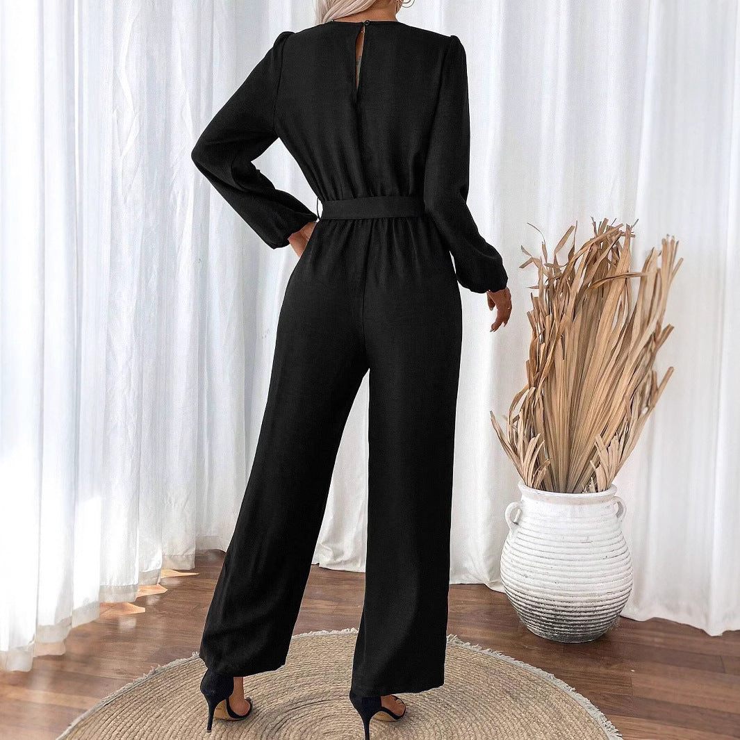 Women Clothing Casual Long Sleeved Jumpsuit Belt Straight Leg Pants Zipped round Neck Jumpsuit