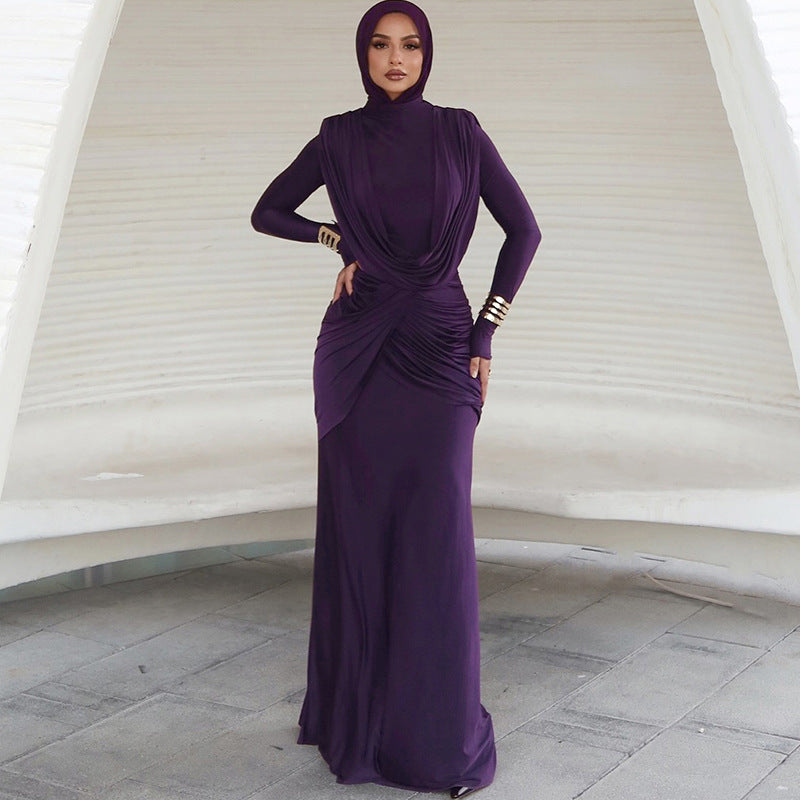 Robe élégante asymétrique à col roulé mi-long, coupe ajustée, couleur unie, automne-hiver